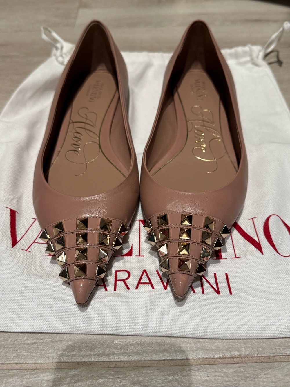 Valentino Blush Pink Rockstud Pointed Leather Flats Size 38